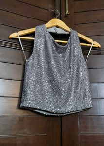 Ginger Sequin Halter Neck Silver Crop Top