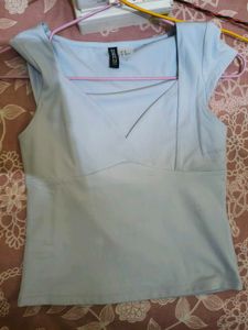 Light Blue Wrap Neck Cap Sleeve Top