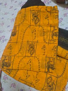 Mustard Yellow &amp; Black Printed Saree with Elegant