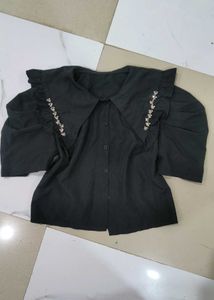 Chic Black Top with Statement Collar