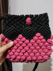 Handmade Macrame Pink &amp; Black Bag