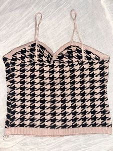 Houndstooth Knit Twist Front Crop Top