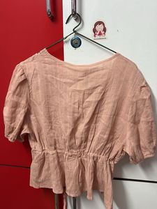 H&amp;M Dusky Pink Lace Trim Peplum Blouse