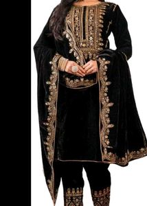 Elegant Brown Velvet Kurta Set with Gold Embroider