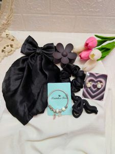 Chic Black Satin Bow &amp; Hair Clips Set