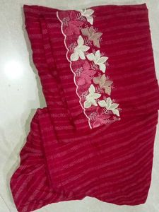 Red Striped Saree with Floral Border
