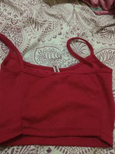 Red Ribbed Spaghetti Strap Crop Top