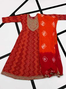Stunning Red Bandhani Kurta with dupatta