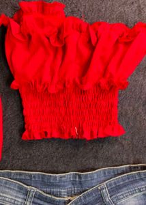 Red Off-Shoulder Crop Top with Puff Sleeves