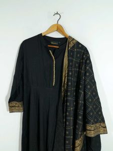 Black A Line Long Printed Kurta For Women's