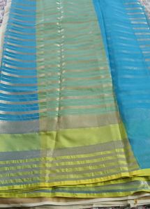 Elegant Blue &amp; Green Striped Saree