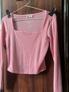 Pink ribbed Square Neck Long Sleeve Top