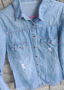 Distressed Light Wash Denim Shirt