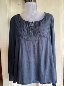Blue Pleated Neckline Long Sleeve Top
