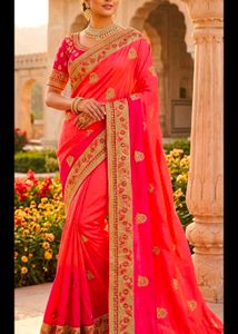 Stunning pink Embroidered Silk Saree