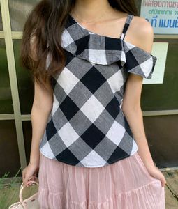 Checkered One-Shoulder Ruffle Top