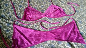Satin Lace Lingerie Set - Vibrant Pink