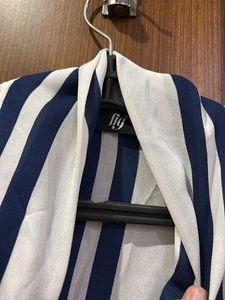 Stylish Blue &amp; White Striped Tie-Neck shirt