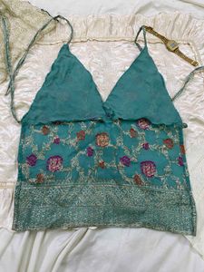 y2k Elegant Teal Floral Halter Top