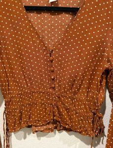 Brown Polka Dot V-Neck Top