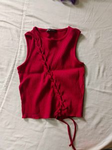 Red Ribbed Lace-Up Tank Top
