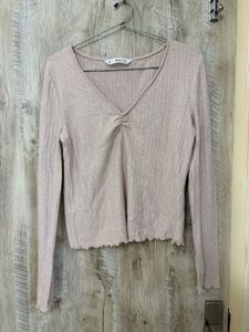 Women's Pink Textured V-Neck Top