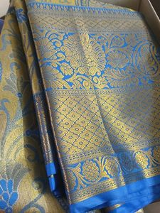 unique Exquisite Blue &amp; Gold Brocade Saree