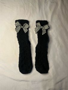 Cozy Black Socks with Houndstooth Bows
