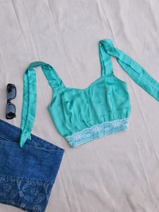 Teal Lace Trim Crop Top
