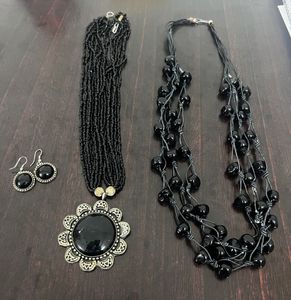 Chic Black Beaded Necklace & Earrings Set