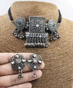 Oxidized Silver Choker & Earring Set