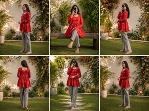 Red Printed Flared Kurti_M