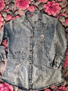 Unique Acid Wash Denim Shirt with Ballerina Design
