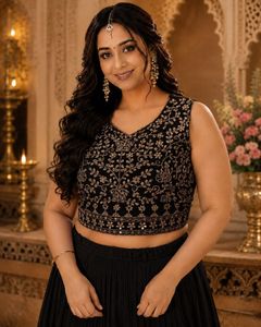 Black &amp; Gold Embroidered Lehenga Set (XL)