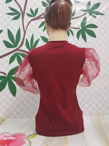 (100)Red Tulle Sleeve Bodysuit