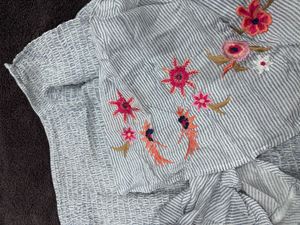 Guess Striped Floral Embroidered Off Shoulder Top