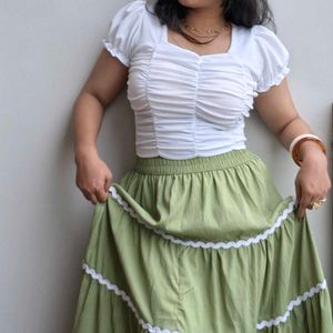 White Ruched Crop Top and olive green skirt