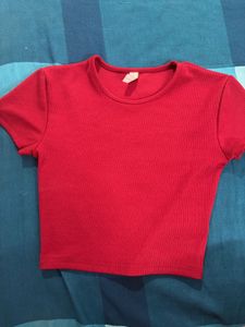 Red Ribbed Cropped T-Shirt