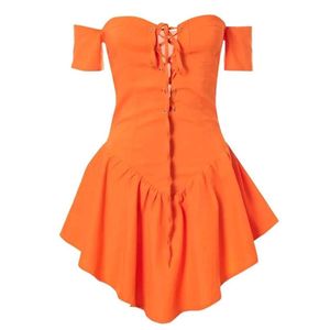 Orange Off-Shoulder Lace-Up Mini Dress
