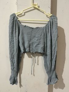 light blue off the shoulder long sleeve crop top