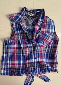Sleeveless Plaid Tie-Front Shirt