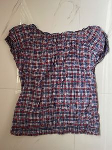 Red &amp; Blue Plaid Puff-sleeved Fitted too