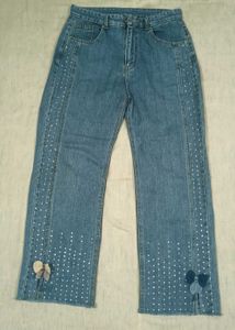 High-Waist Wide-Leg Jeans Pearl &amp; Bow Detailing