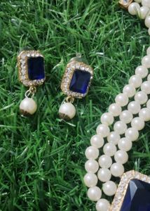 Elegant Pearl &amp; Blue Stone Necklace Set