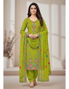 Parrot Green Floral Sequence Dress Material