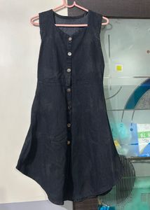 Dark Denim Sleeveless Front-Button A-Line Dress