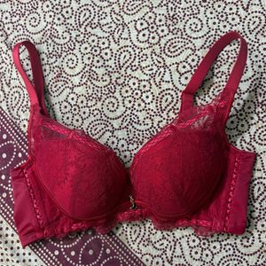 Lace Padded Non Wired push up Red Bra