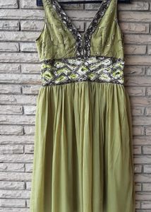 Olive Green Beaded V-Neck Midi Dress