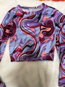 Retro Swirl Print Long Sleeve Crop Top
