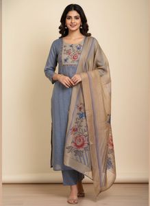 🌸 Elegant Blue Floral Kurta Set with Dupatta